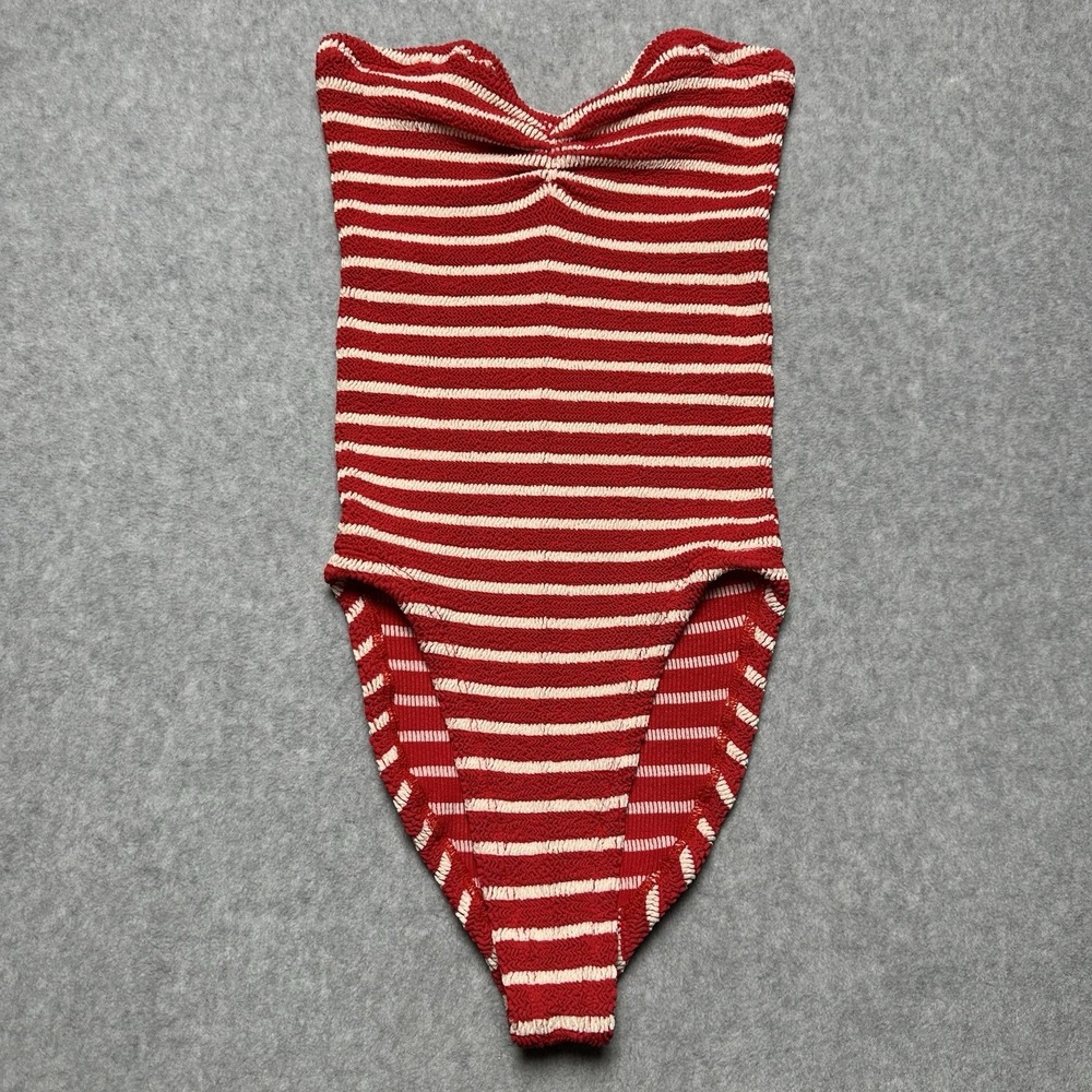 Hunza G London One Piece Red/White Stripped Bathing Suit Strapless One Size